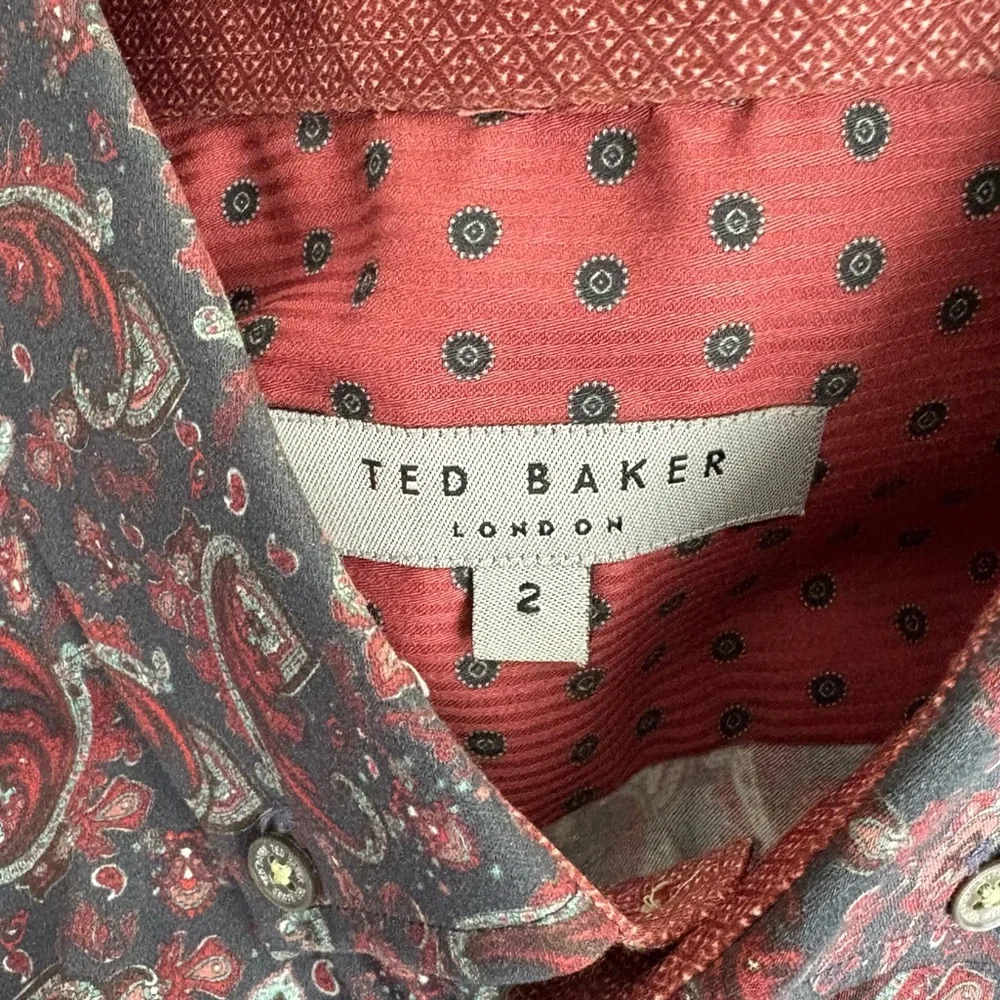 Ted Baker Mens Paisley Long Sleeve Shirt Size 2 36 Small Navy Blue Burgundy - Picture 10 of 13